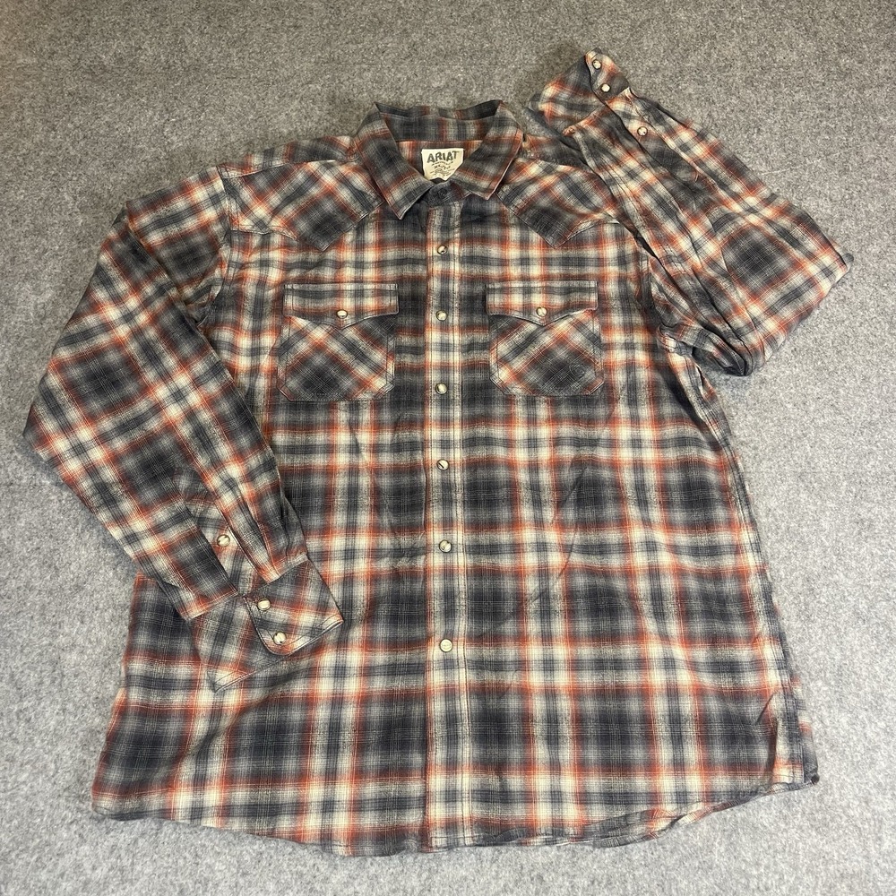 Ariat Shirt Mens XL Red Gray Retro Fit Southwestern Pearl Snap Rodeo Cowboy - Picture 2 of 8